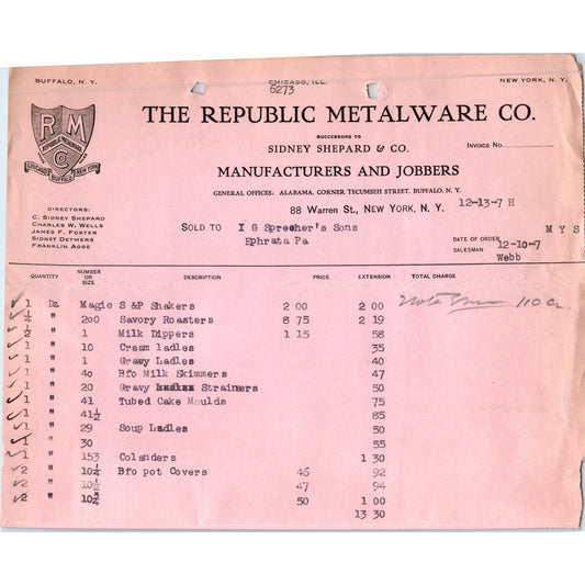 1907 The Republic Metalware Co Sidney Shepard NY Letterhead Billhead Receipt D11