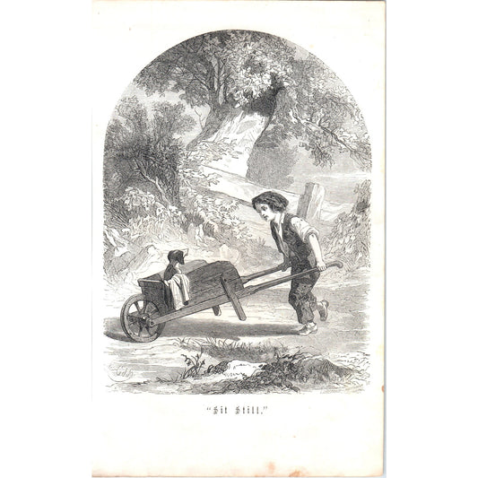 Boy Pushing Dog in Wheelbarrow - Louderback 1857 Original Art Engraving D19-4