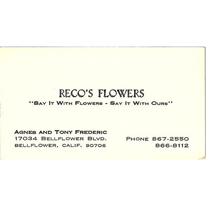 Reco's Flowers, Agnes and Tony Frederic, Bellflower, CA Business Card SF3-B8