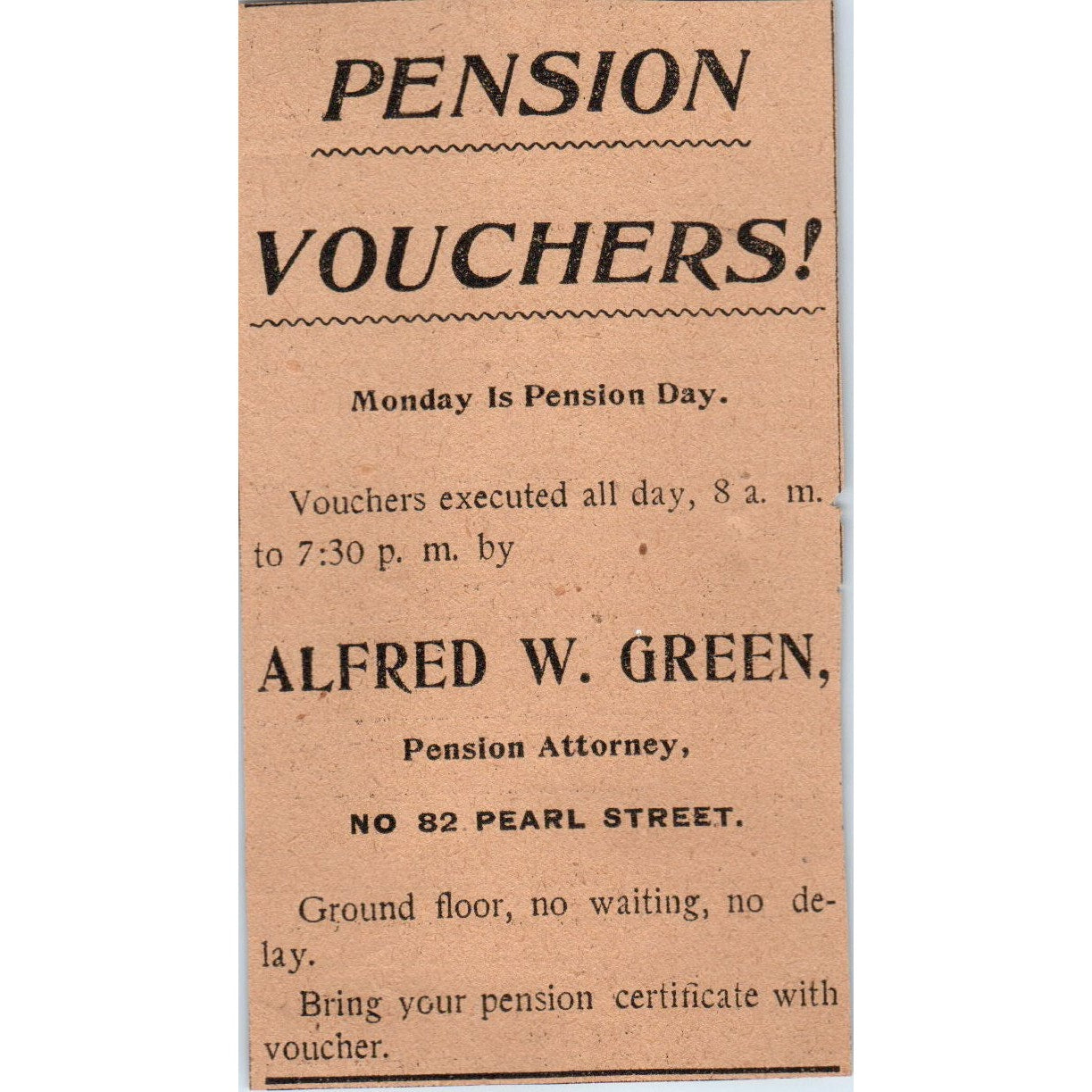 Pension Vouchers Alfred W. Green Hartford 1901 Newspaper Ad AD8-H3