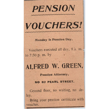 Pension Vouchers Alfred W. Green Hartford 1901 Newspaper Ad AD8-H3