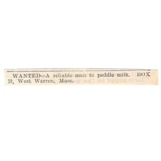 Milk Peddler Wanted West Warren MA 1905 Magazine Ad AF1-NES1