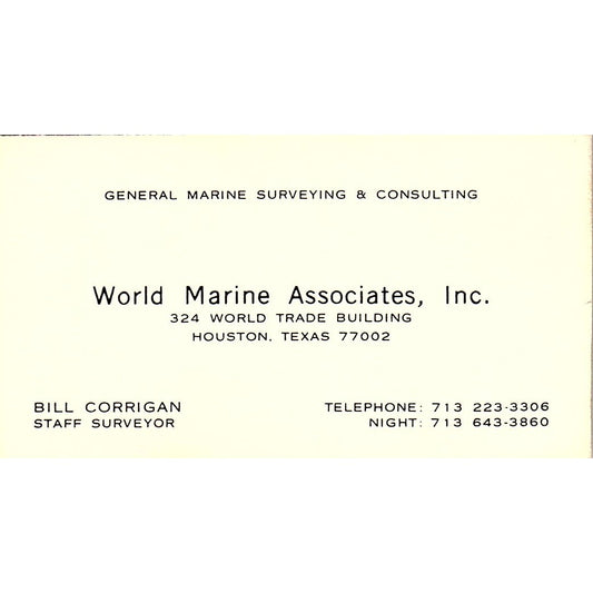 Bill Corrigan World Marine Assoc Inc Houston Vintage Business Card SD9-B7