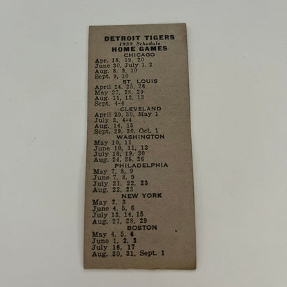 Mike's Coney Island MI 1939 Detroit Tigers Schedule Matchbook Cover MB68-3