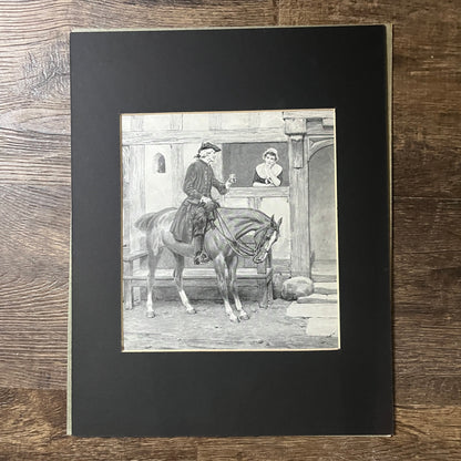 1920s Colonial Man on Horse With Woman Matted Vintage Art Print 11x14 V9