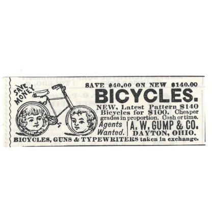 A.W. Gump & Co Bicycles Dayton Ohio 1892 Ad AG2-S20