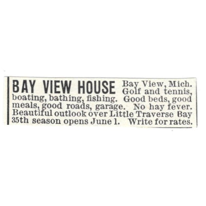 Bay View House Little Traverse Bay MI c1918 Original Advertisement AE5-SV6