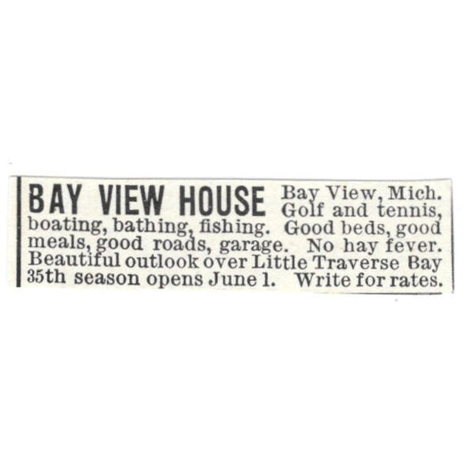 Bay View House Little Traverse Bay MI c1918 Original Advertisement AE5-SV6