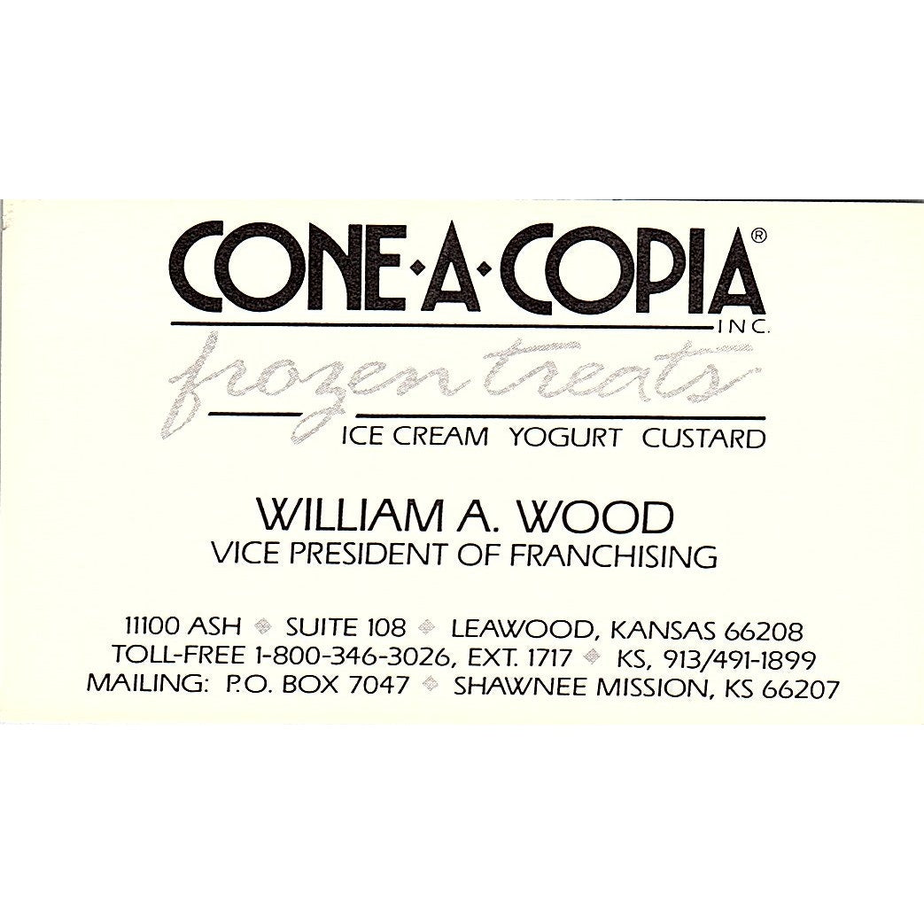 William A Wood Cone-A-Copia Frozen Treats Leawood KS Vtg Business Card SD9-B9
