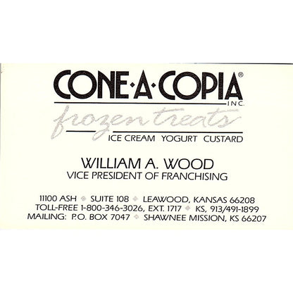 William A Wood Cone-A-Copia Frozen Treats Leawood KS Vtg Business Card SD9-B9