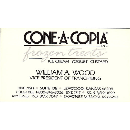 William A Wood Cone-A-Copia Frozen Treats Leawood KS Vtg Business Card SD9-B9