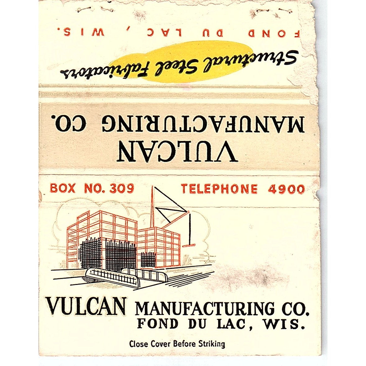Vulcan Mfg Co Fond Du Lac WI Vintage Large Matchbook Cover ML1-7