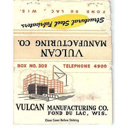 Vulcan Mfg Co Fond Du Lac WI Vintage Large Matchbook Cover ML1-7