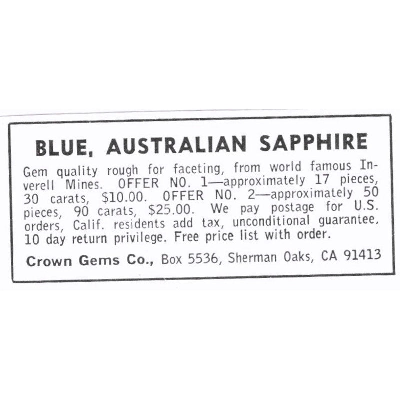 Crown Gems Co Australian Sapphire Sherman Oaks California 1972 Ad AF8-S4