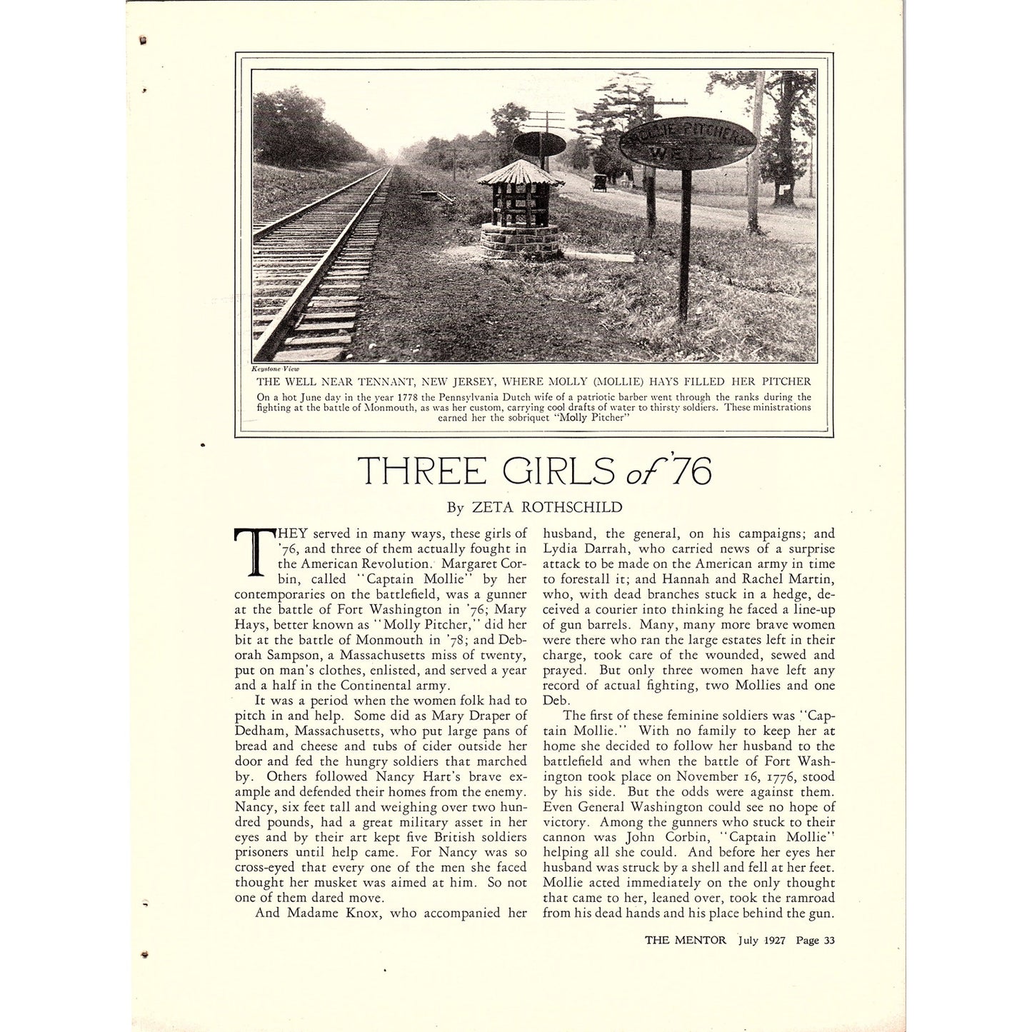 Three Girls of '76 Zeta Rothschild American Revolution 2 Page Article 1927 AG3-5