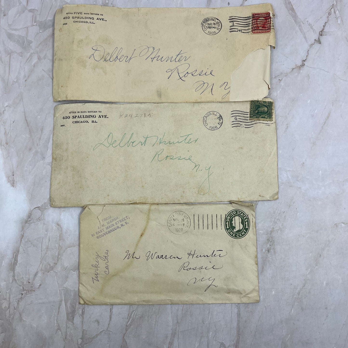 c1906 Delbert & Warren Hunter Rossie NY Set of 3 Postal Cover Envelopes TG9-PC-4