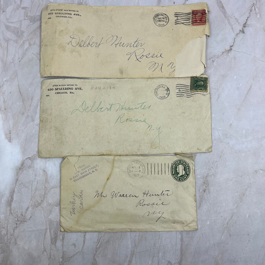 c1906 Delbert & Warren Hunter Rossie NY Set of 3 Postal Cover Envelopes TG9-PC-4
