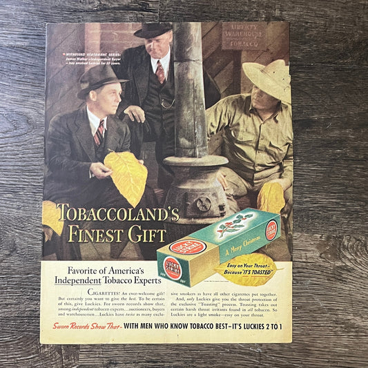 Vintage 1938 Lucky Strike Cigarettes Christmas Carton Magazine Ad 10x13 V3