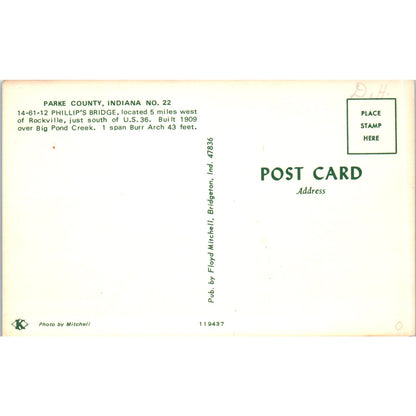 Phillips Bridge 14-61-1 Parke County IN 22 Vintage Covered Bridge Postcard PC14