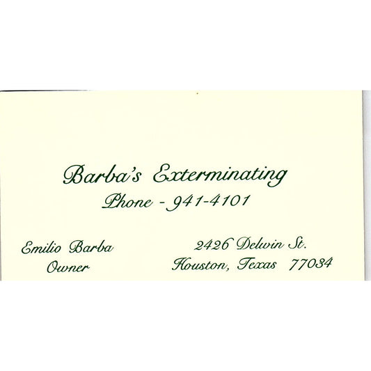 Emilio Barba Exterminating Houston Vintage Business Card SC9-B5