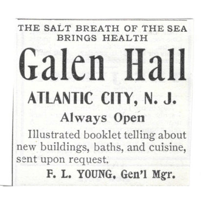 Galen Hall Atlantic City NJ F.L. Young 1903 Ad AG3-S14