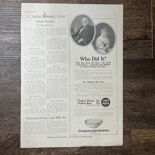 1915 Who Did It? Quaker Oats Puffed Wheat, Rice Vintage Magazine Ad 11x14 V9