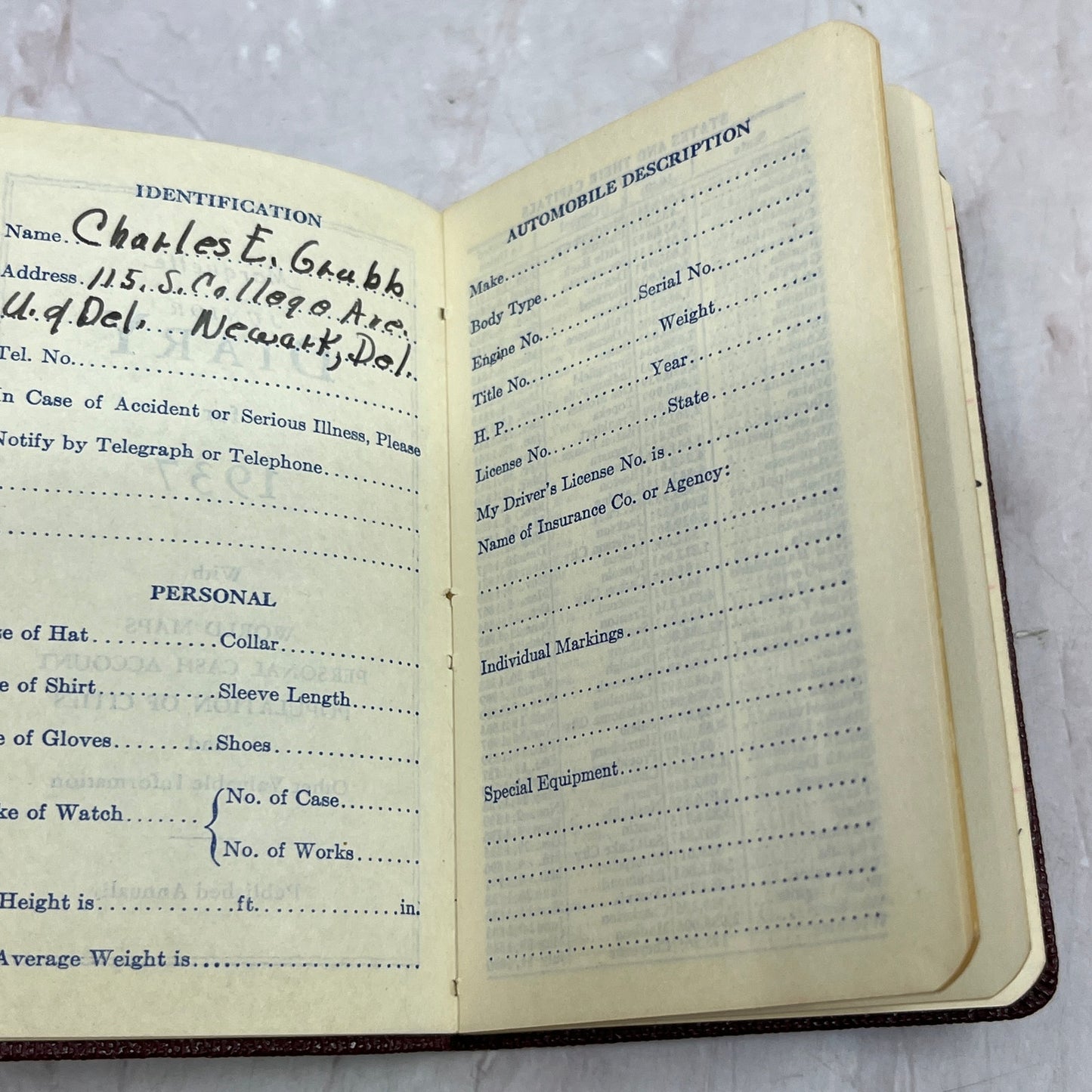 1937 Marquette Junior Diary Charles E. Grubb Newark Delaware TJ5-EL