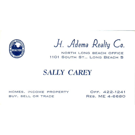 Sally Carey H. Adams Realty Co Long Beach CA Vintage Business Card SD8-B1