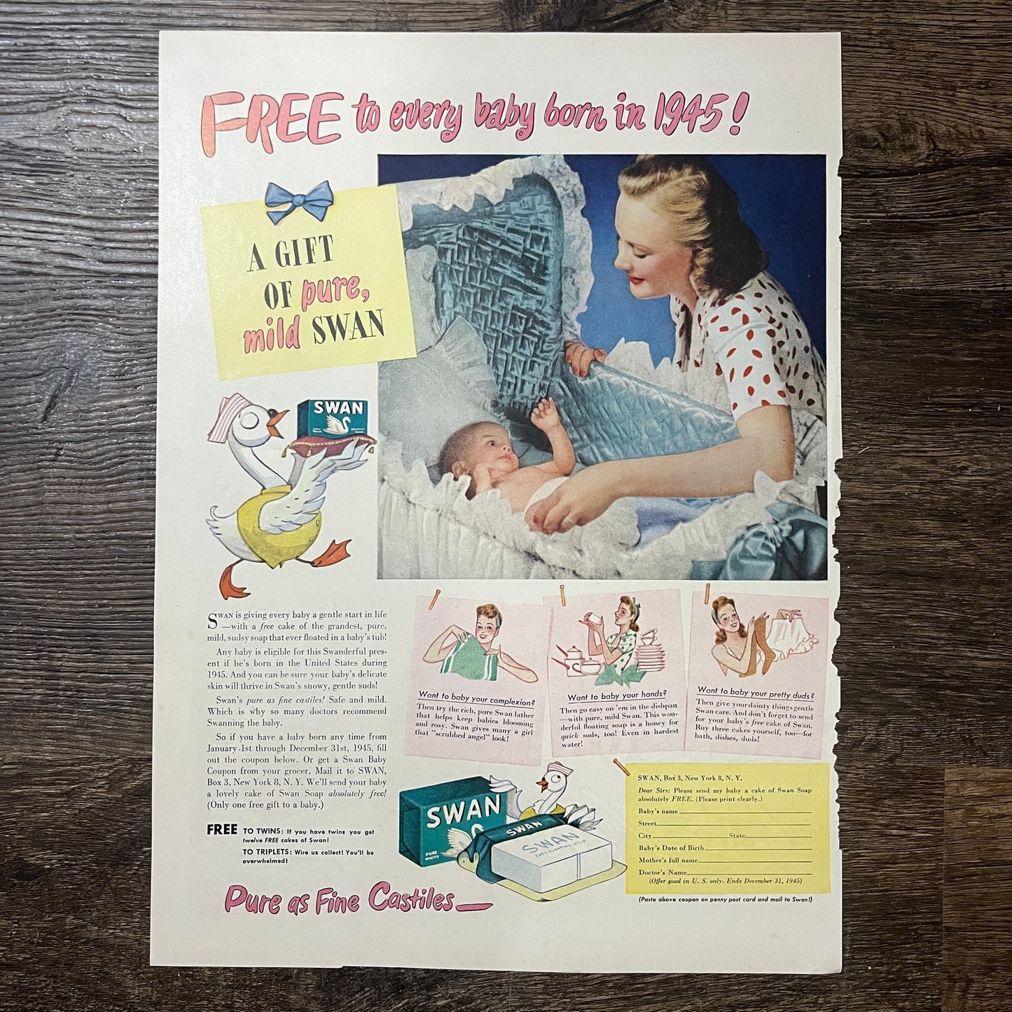 1945 Mild Swan Baby Soap Vintage Magazine Ad 11x14 V9