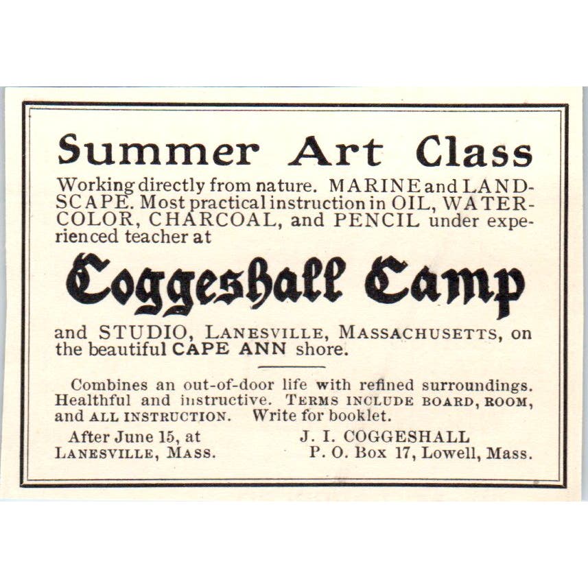 J.I. Coggeshall Camp Art Class Lanesville MA c1905 Victorian Ad AE9-MA9