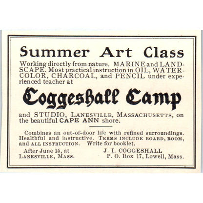 J.I. Coggeshall Camp Art Class Lanesville MA c1905 Victorian Ad AE9-MA9