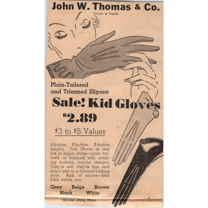 John W. Thomas Kid Gloves 4x7" 1935 Minneapolis Journal Advertisement AE7-N1