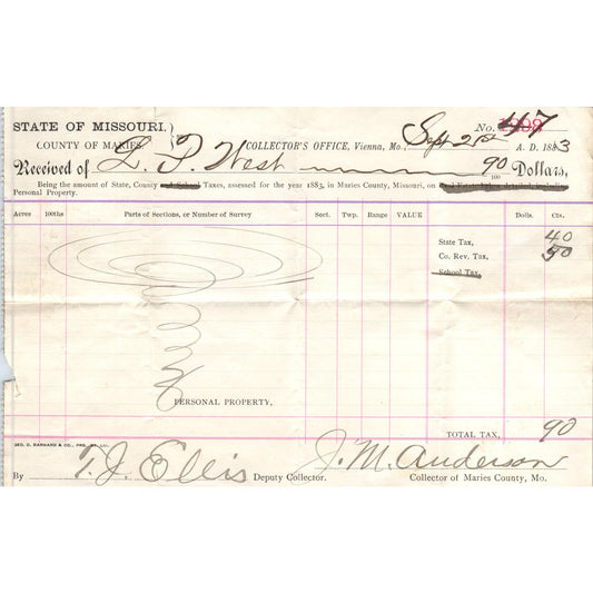 1883 Missouri County of Maries Tax Collector Receipt Vienna MO AE7