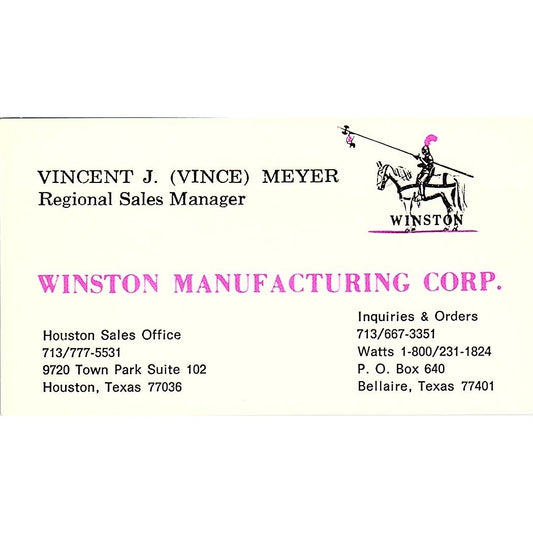 Vincent J Meyer Winston Mfg Corp Houston TX Vintage Business Card SD9-B5