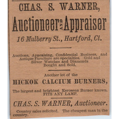 Chas S. Warner Auctioneer Mulberry St Hartford 1886 Newspaper Ad AF7-E5