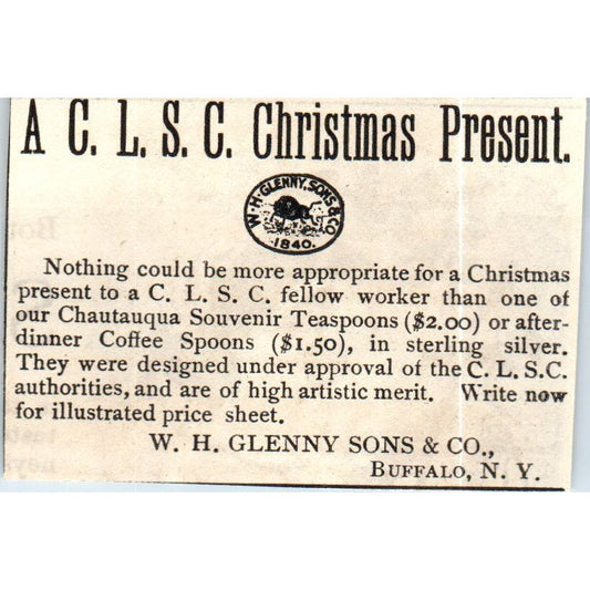 W.H. Glenny Sons & Co C.L.S.C. Christmas Present c1890 Victorian Ad AE8-CH10