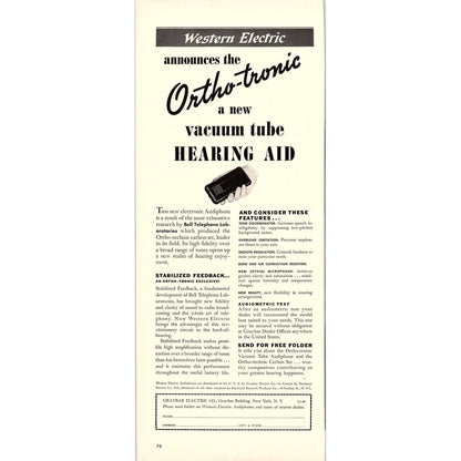 Graybar Electric Co Ortho-Tronic Vacuum Tube Hearing Device 1940 Ad V14-8
