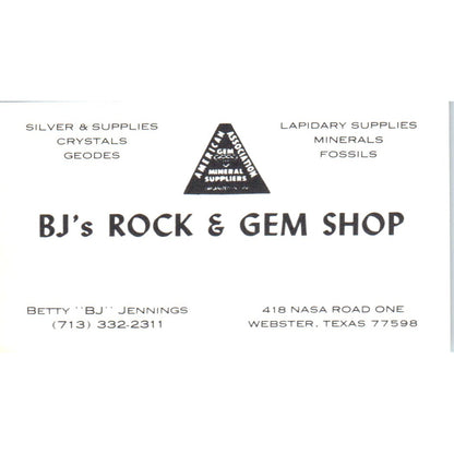 BJ's Rock & Gem Shop Betty Jennings Webster TX Vintage Business Card SD8-B7