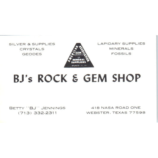 BJ's Rock & Gem Shop Betty Jennings Webster TX Vintage Business Card SD8-B7