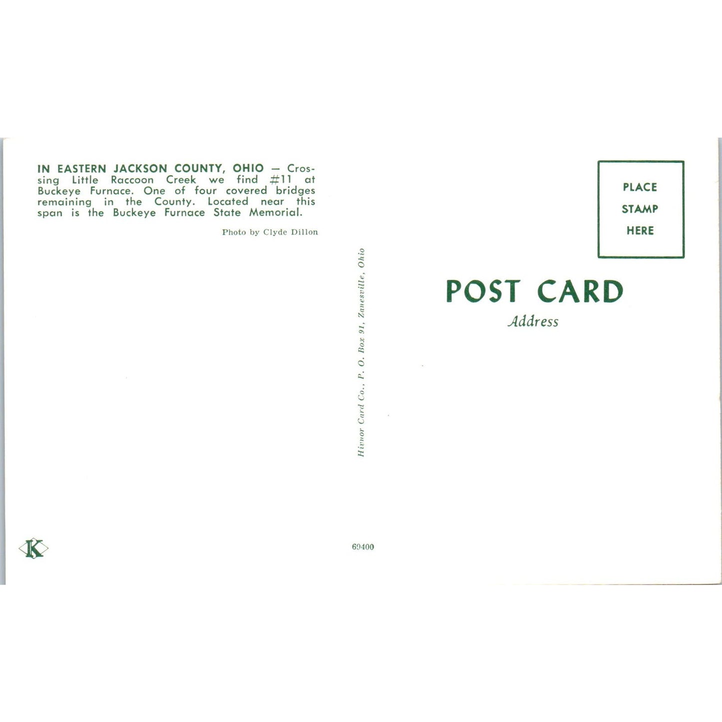 #11 Raccoon Creek Jackson County Ohio Covered Bridge Postcard PB13