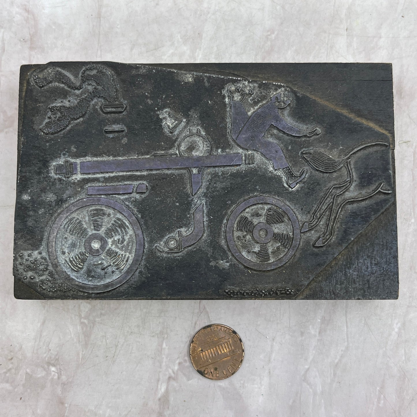 Man on a Steam Power Cart Smoking a Pipe Vintage Letterpress Printers Block TH2