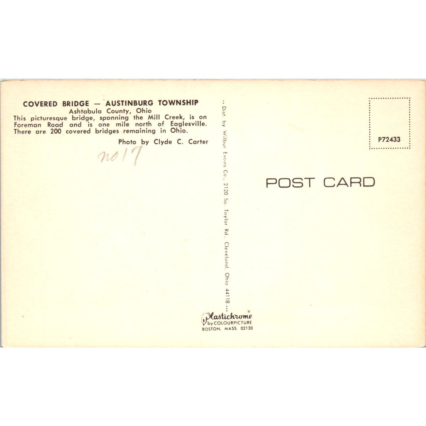 Austinburg Township Bridge Ashtabula Ohio Covered Bridge Postcard PC2