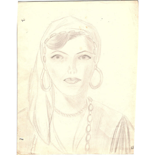 1940s Original Sketch Portrait of a Gypsy Woman Winifred Schutsky D26-12