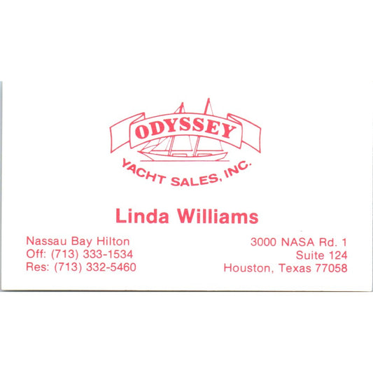 Odyssey Yacht Sales Linda Williams Houston Vintage Business Card SD8-B8