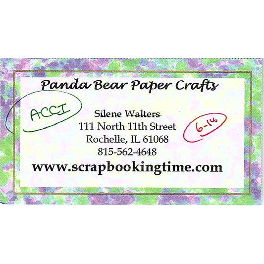 Panda Bear Paper Crafts Silene Walters Rochelle IL Vintage Business Card SC9-B9