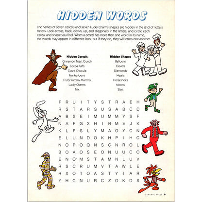 Lucky Charms Cocoa Puffs Trix Count Chocula Cereal Word Find Puzzle 1989 Ad B22