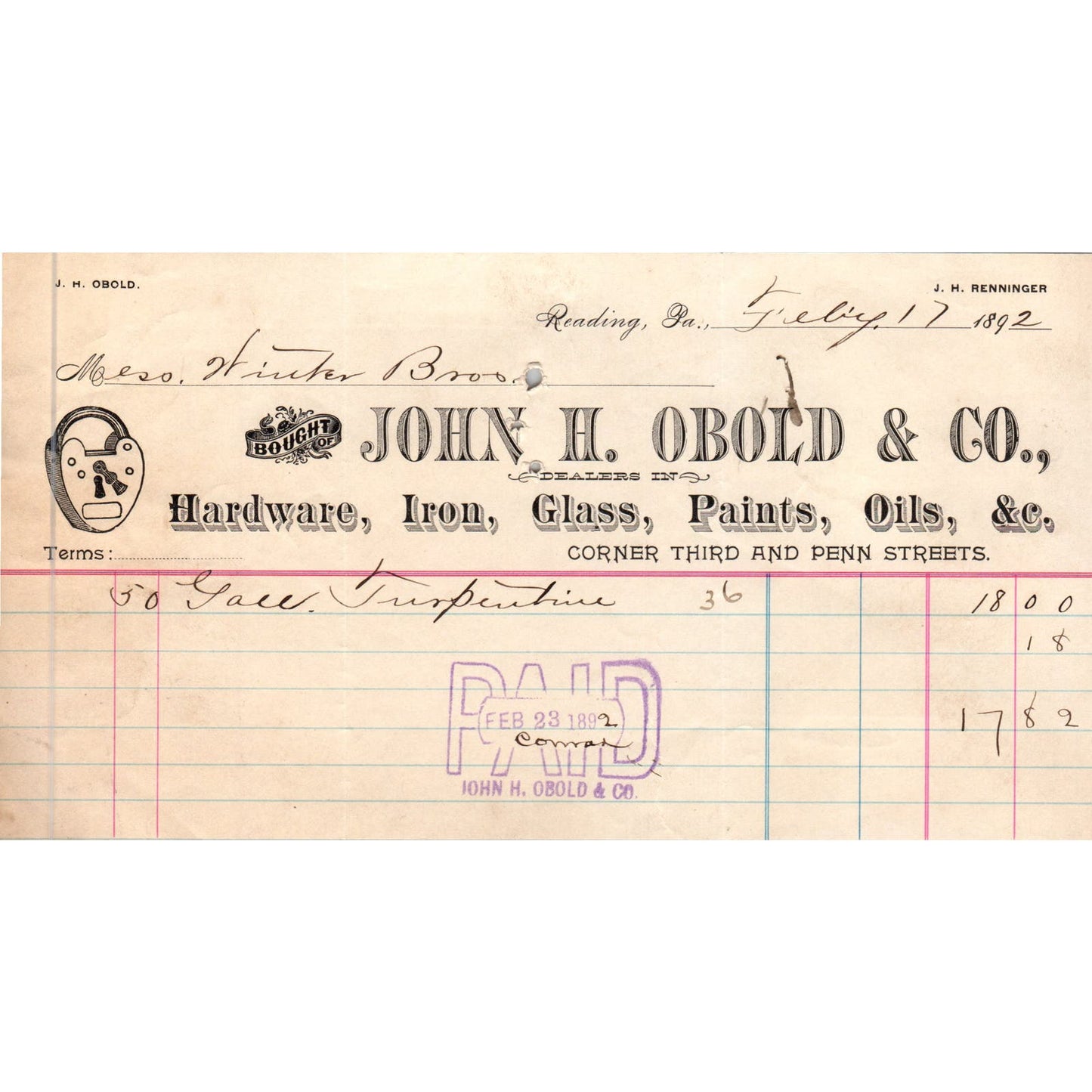 1892 John H. Obold & Co Hardware Reading PA Original Billhead Receipt AE7