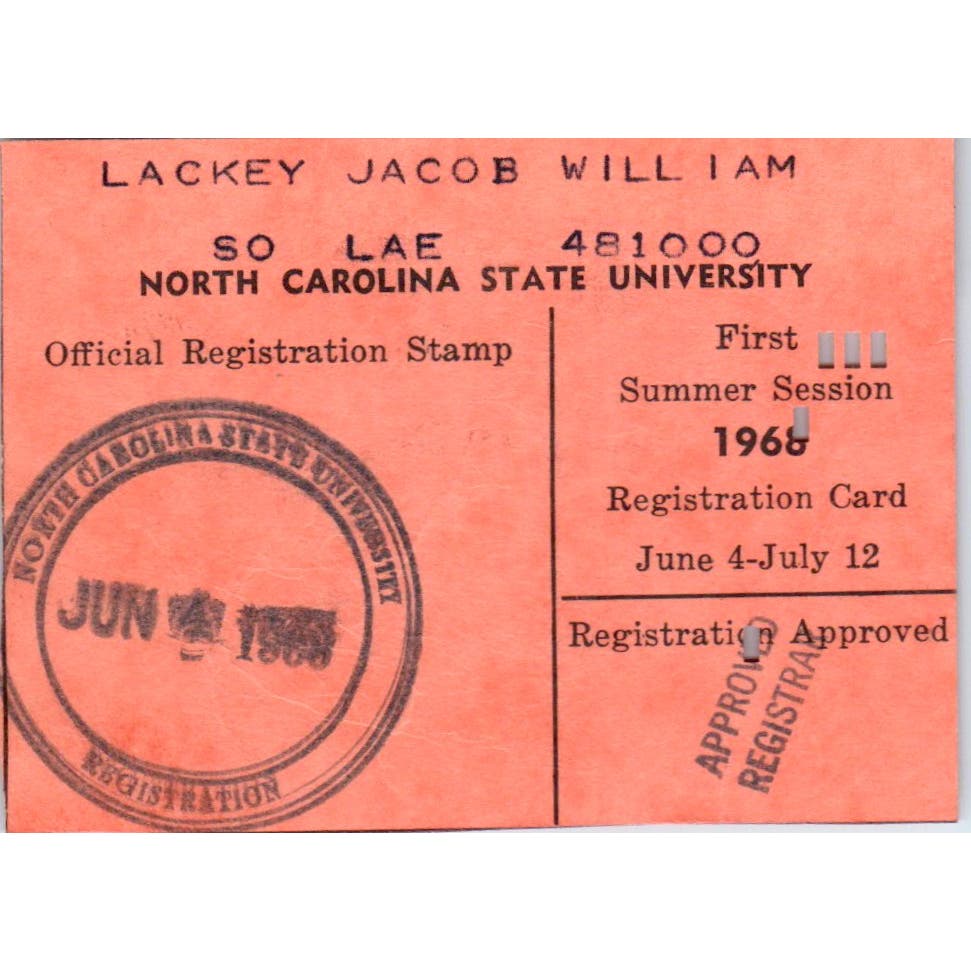 1968 Summer Sessions North Carolina State University Registration Card AF1