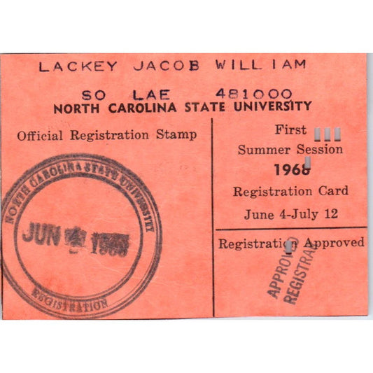 1968 Summer Sessions North Carolina State University Registration Card AF1