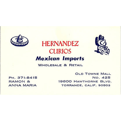 Hernandez Curios Mexican Imports Ramon & Anna Maria CA Business Card SF3-B4